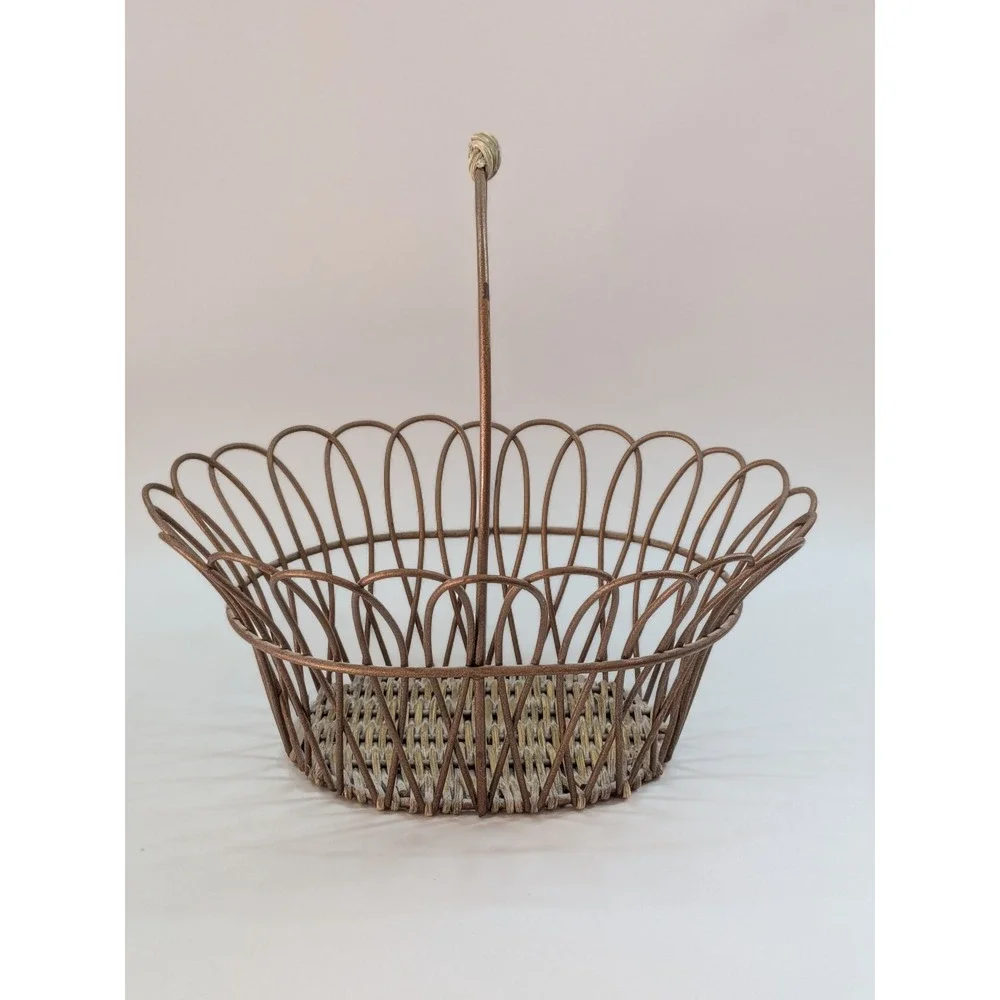 Vintage Bronze Wire Scalloped Petal Basket Woven Wicker Base Farmhouse Decor